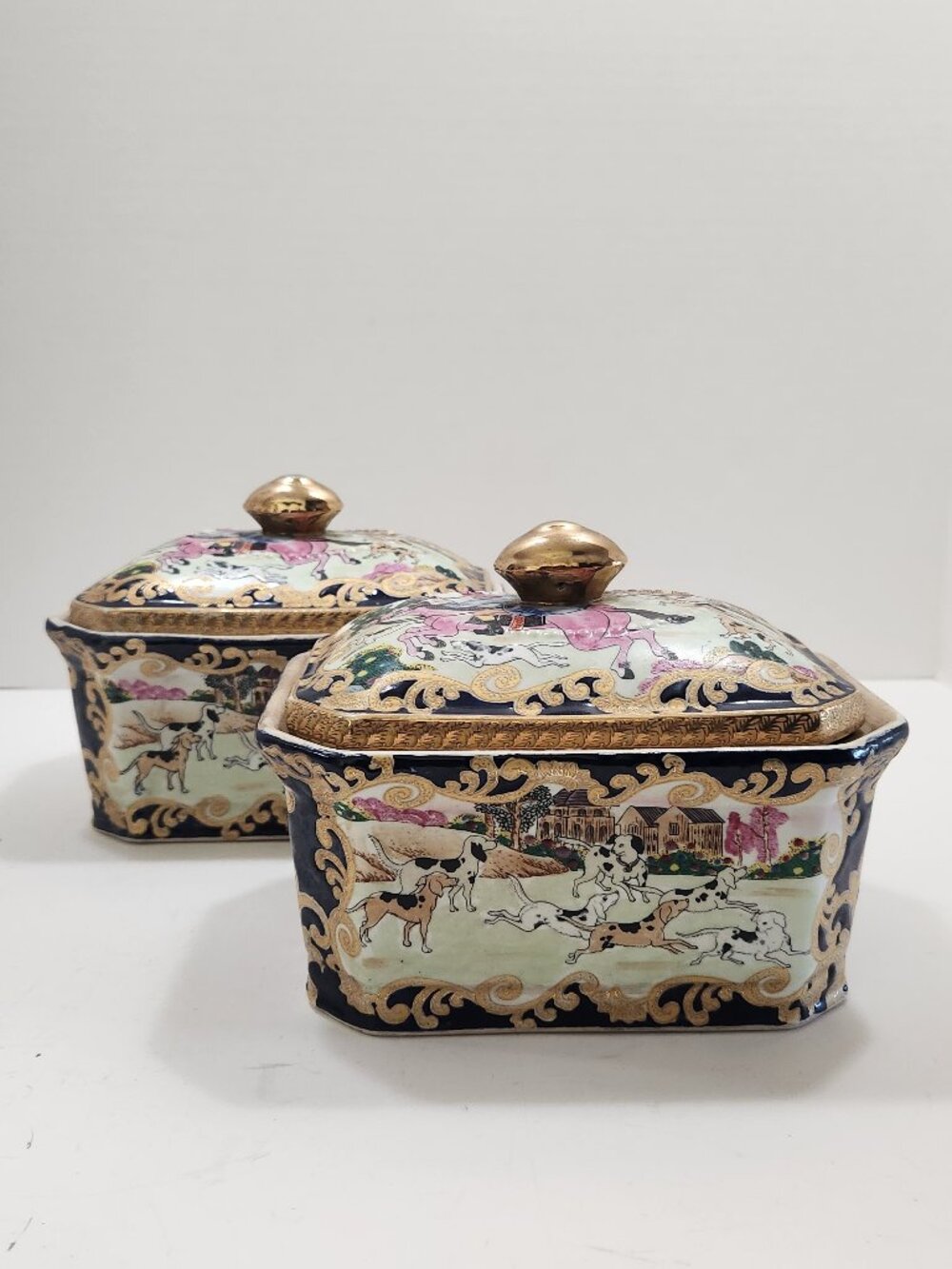 Rare Matching Pair of Vintage Chinese Export Porcelain Fox Hunting Lidded Boxes